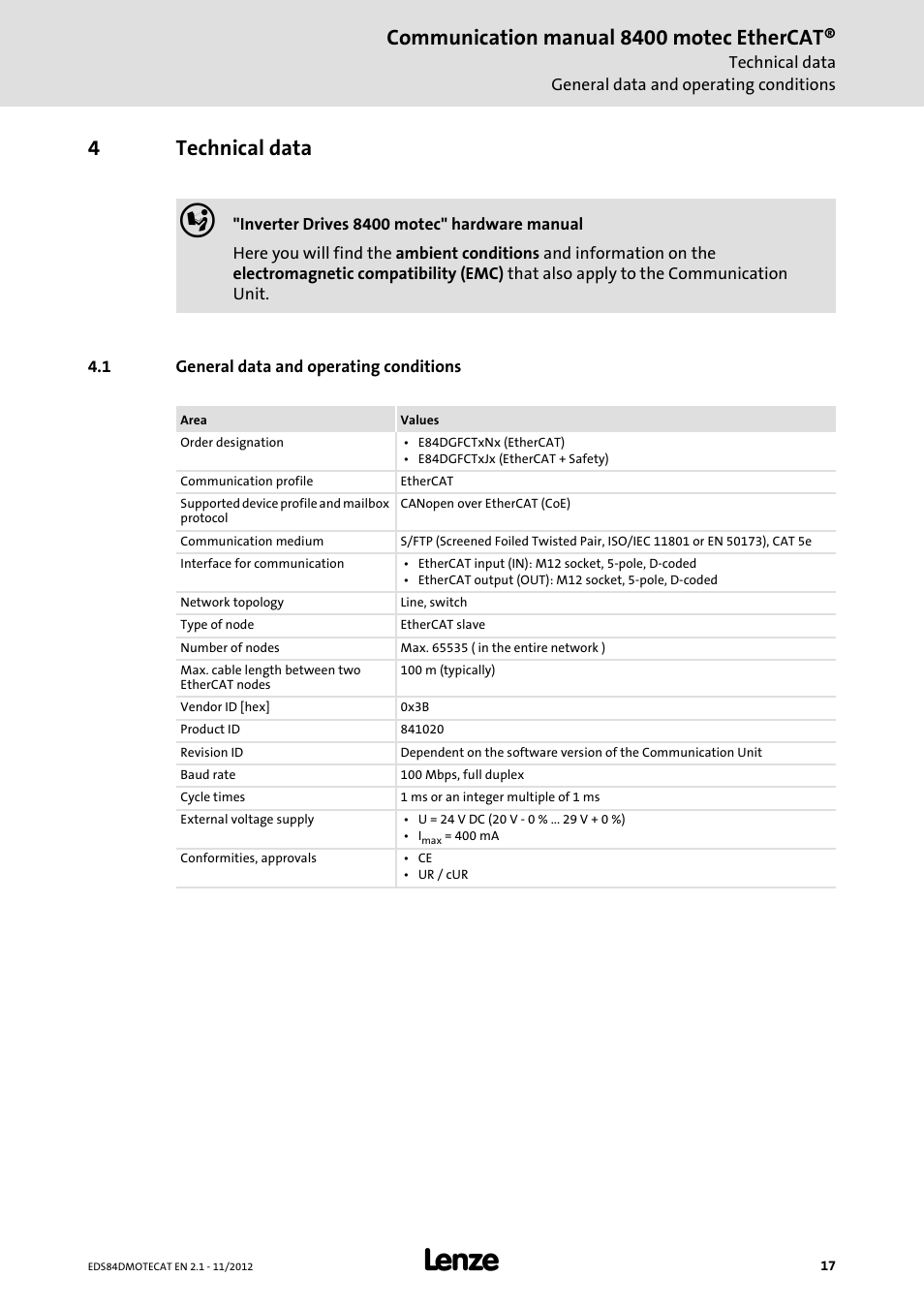 4 technical data, 1 general data and operating conditions, Technical data | General data and operating conditions, Communication manual 8400 motec ethercat, 4technical data | Lenze E84DGFCT User Manual | Page 17 / 76