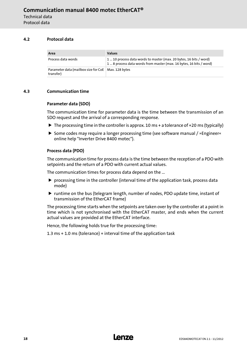 2 protocol data, 3 communication time, Protocol data | Communication time, Communication manual 8400 motec ethercat | Lenze E84DGFCT User Manual | Page 18 / 76