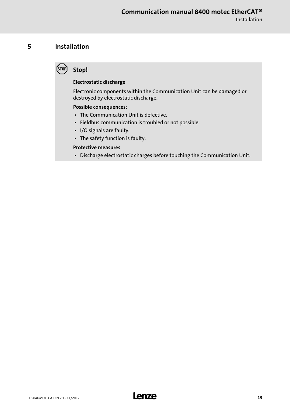 5 installation, Installation | Lenze E84DGFCT User Manual | Page 19 / 76