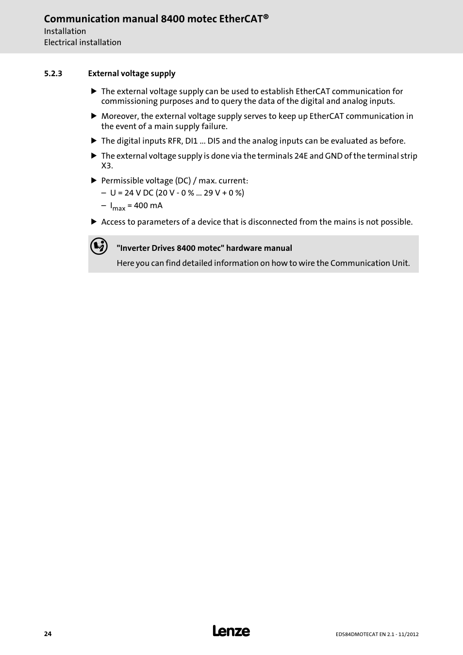 3 external voltage supply, External voltage supply | Lenze E84DGFCT User Manual | Page 24 / 76