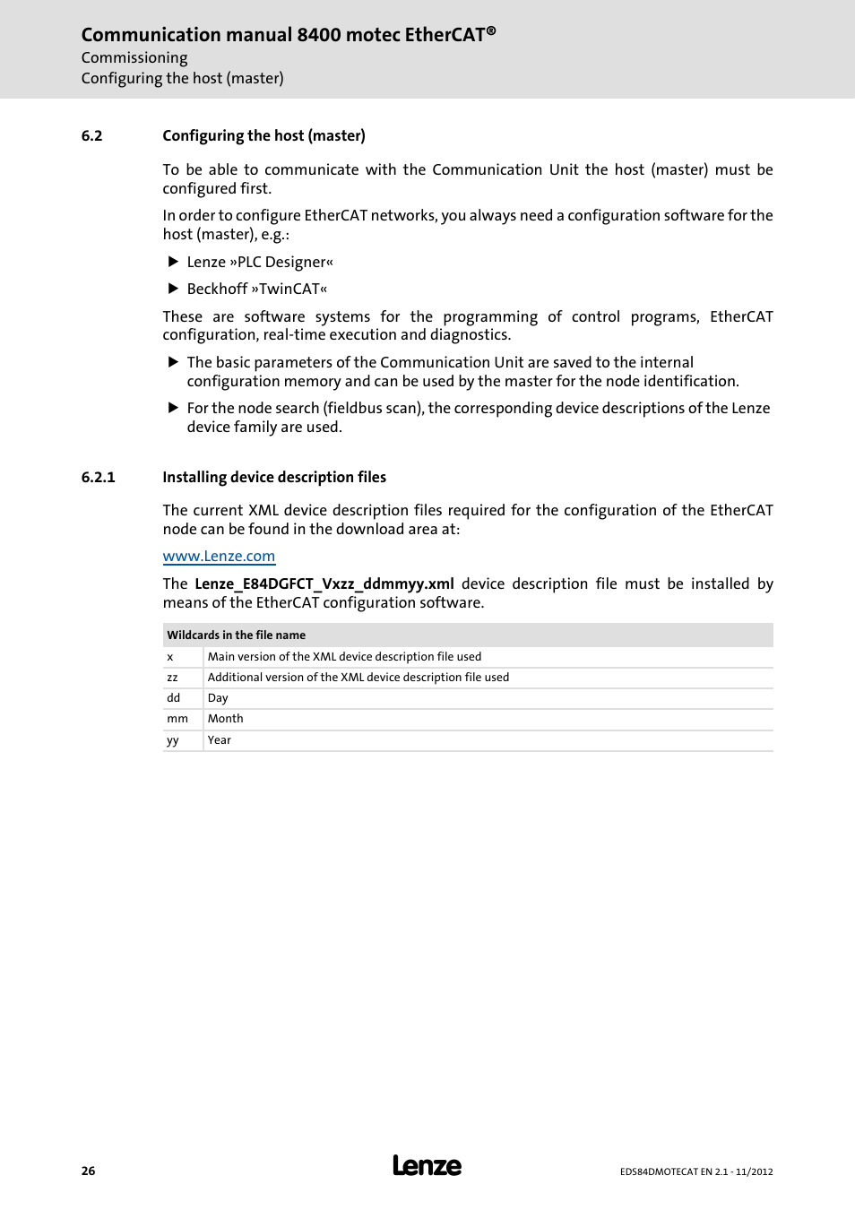 2 configuring the host (master), 1 installing device description files, Configuring the host (master) | Installing device description files, Communication manual 8400 motec ethercat | Lenze E84DGFCT User Manual | Page 26 / 76