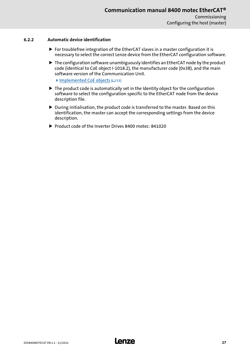 2 automatic device identification, Automatic device identification, Communication manual 8400 motec ethercat | Lenze E84DGFCT User Manual | Page 27 / 76