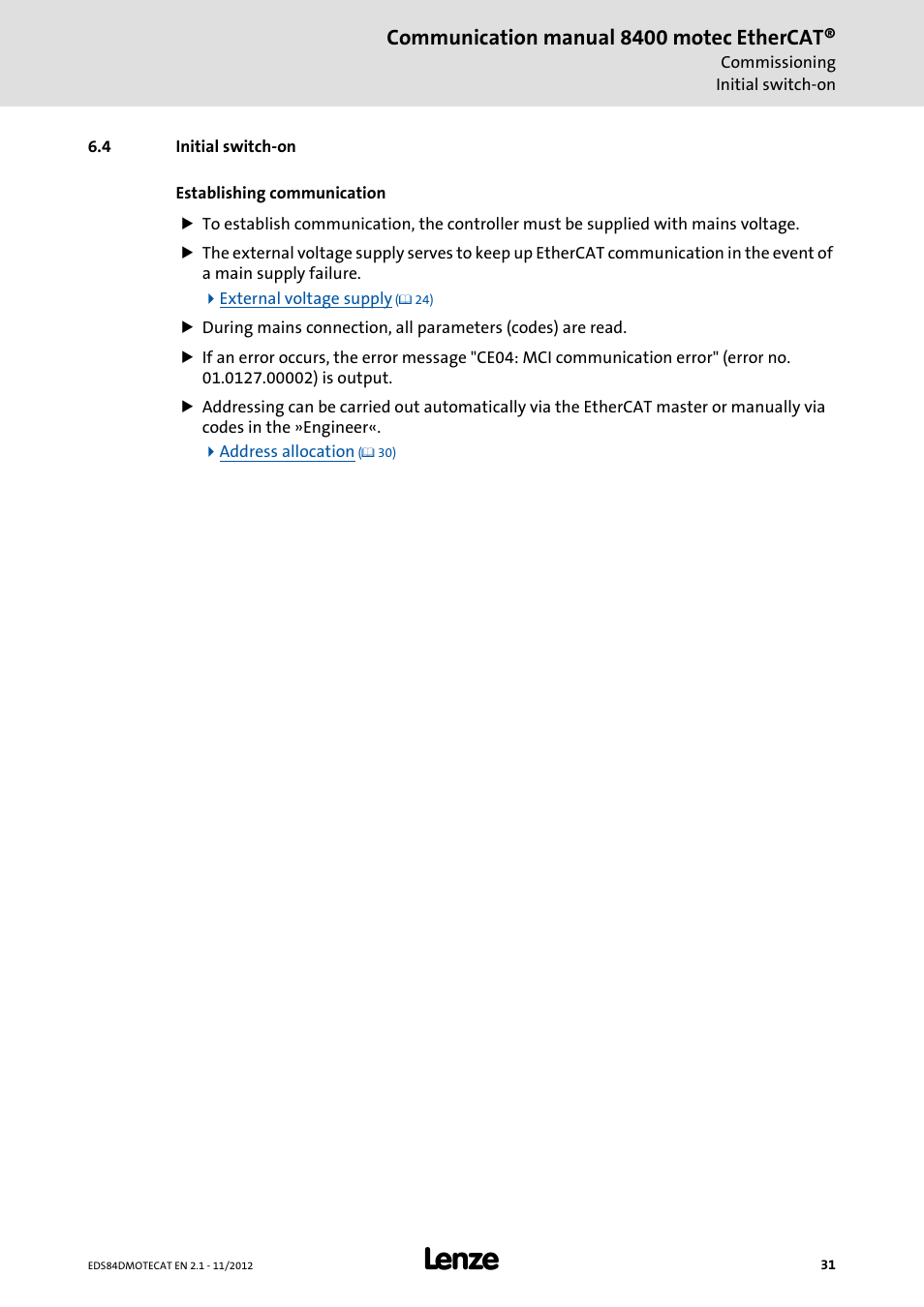 4 initial switch-on, Initial switch-on, Communication manual 8400 motec ethercat | Lenze E84DGFCT User Manual | Page 31 / 76