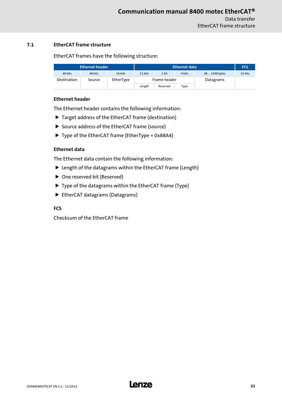 1 ethercat frame structure, Ethercat frame structure, Communication manual 8400 motec ethercat | Lenze E84DGFCT User Manual | Page 33 / 76