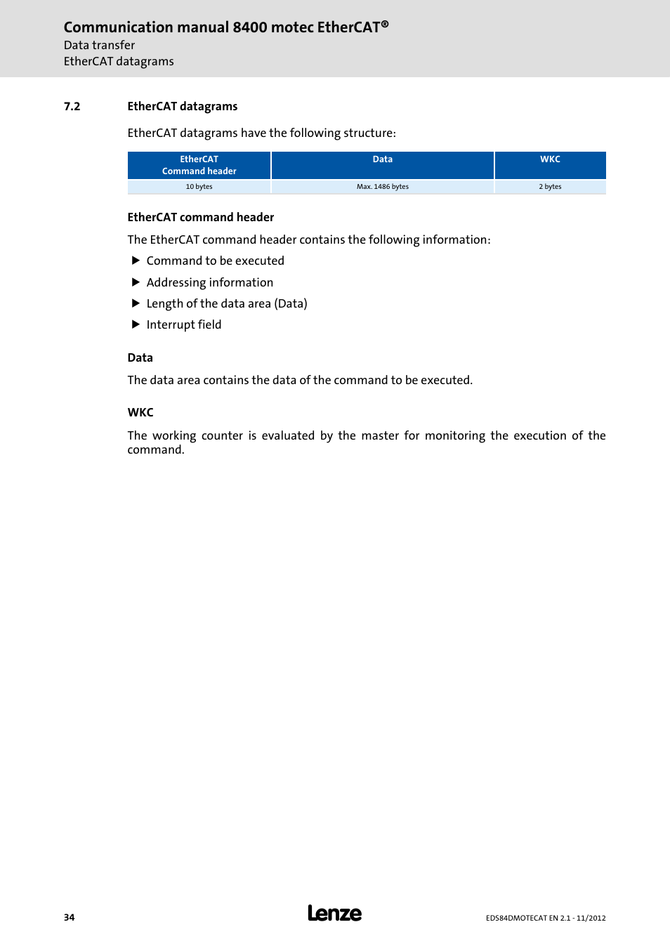 2 ethercat datagrams, Ethercat datagrams, Communication manual 8400 motec ethercat | Lenze E84DGFCT User Manual | Page 34 / 76