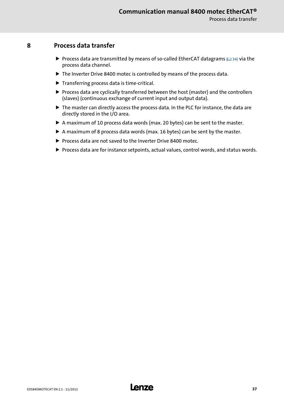 8 process data transfer, Process data transfer | Lenze E84DGFCT User Manual | Page 37 / 76