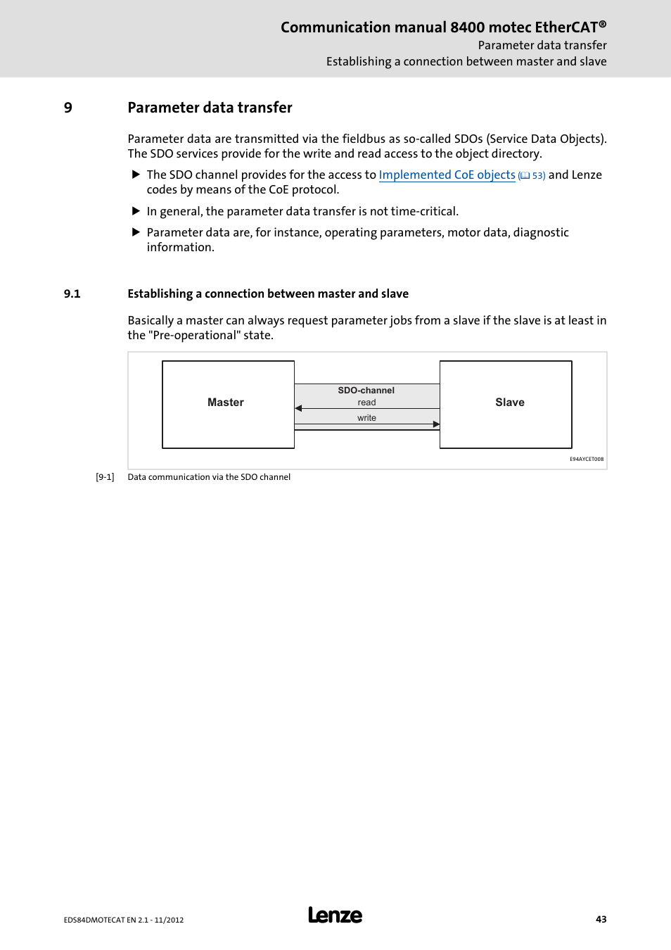 9 parameter data transfer, Parameter data transfer, Establishing a connection between master and slave | Communication manual 8400 motec ethercat, 9parameter data transfer | Lenze E84DGFCT User Manual | Page 43 / 76