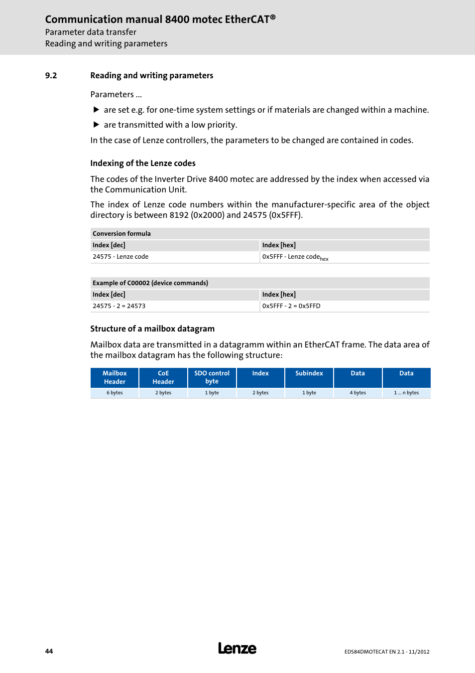 2 reading and writing parameters, Reading and writing parameters, Communication manual 8400 motec ethercat | Lenze E84DGFCT User Manual | Page 44 / 76