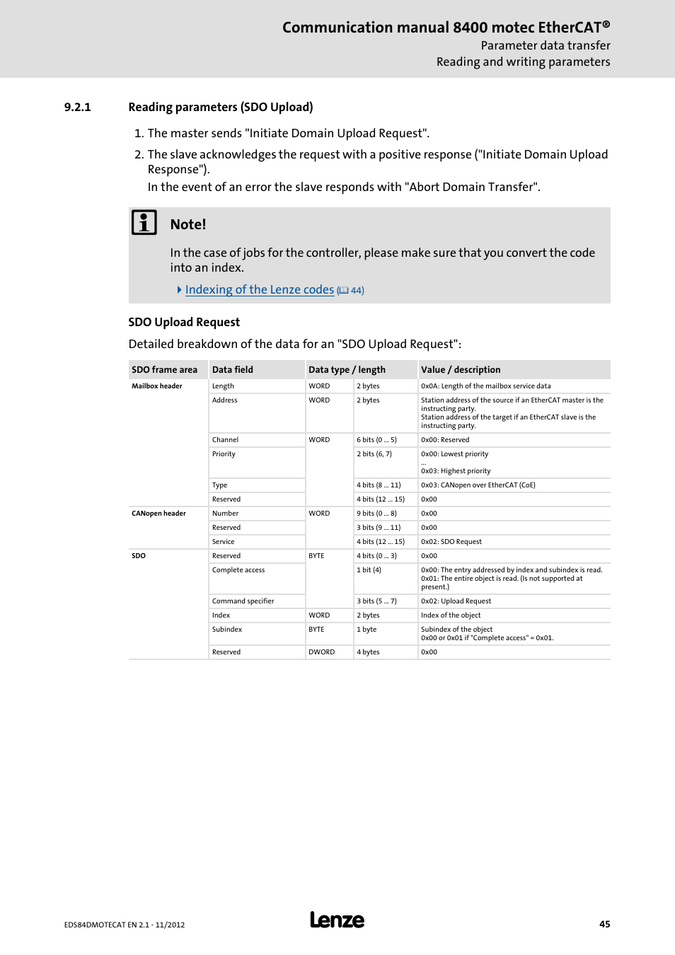 1 reading parameters (sdo upload), Reading parameters (sdo upload), Communication manual 8400 motec ethercat | Lenze E84DGFCT User Manual | Page 45 / 76