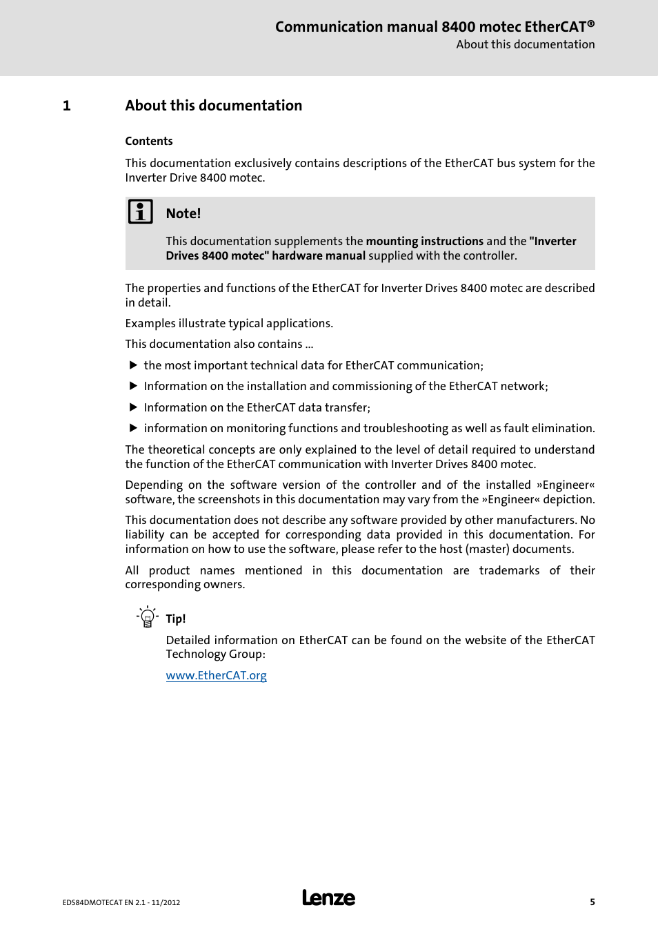 1 about this documentation, About this documentation | Lenze E84DGFCT User Manual | Page 5 / 76