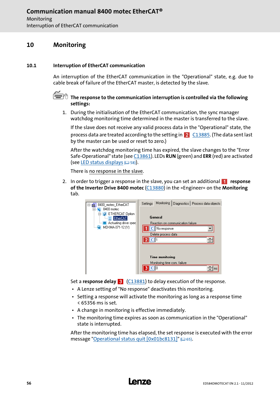 10 monitoring, 1 interruption of ethercat communication, Monitoring | Interruption of ethercat communication, Communication manual 8400 motec ethercat | Lenze E84DGFCT User Manual | Page 56 / 76