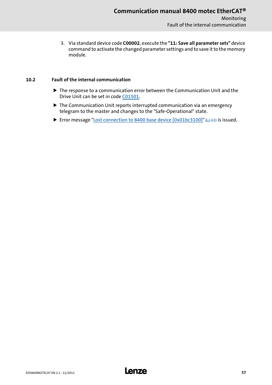 2 fault of the internal communication, Fault of the internal communication, Communication manual 8400 motec ethercat | Lenze E84DGFCT User Manual | Page 57 / 76