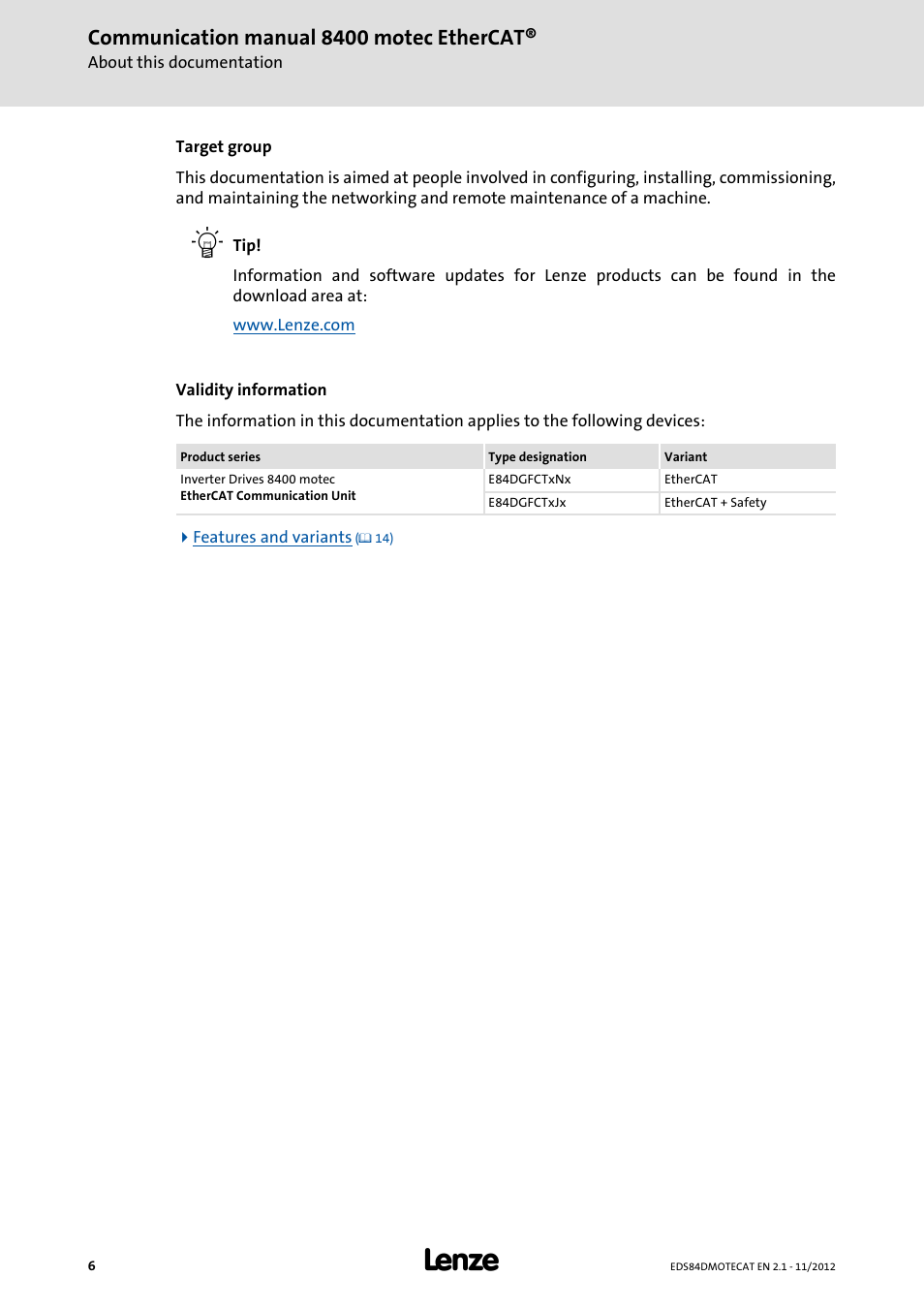 Communication manual 8400 motec ethercat | Lenze E84DGFCT User Manual | Page 6 / 76