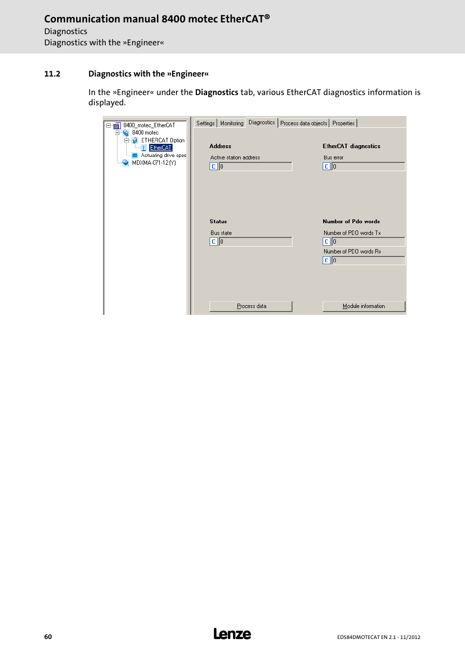 2 diagnostics with the »engineer, Diagnostics with the »engineer | Lenze E84DGFCT User Manual | Page 60 / 76