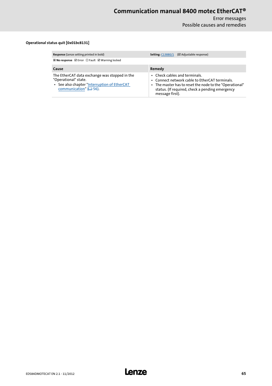 Operational status quit [0x01bc8131, Message, 0x01bc8131 | Communication manual 8400 motec ethercat | Lenze E84DGFCT User Manual | Page 65 / 76