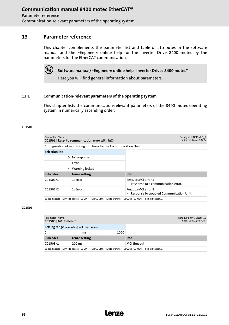 13 parameter reference, C01501 | resp. to communication error with mci, C01503 | mci timeout | Parameter reference, In code, C01501, C01501/2, Communication manual 8400 motec ethercat | Lenze E84DGFCT User Manual | Page 66 / 76