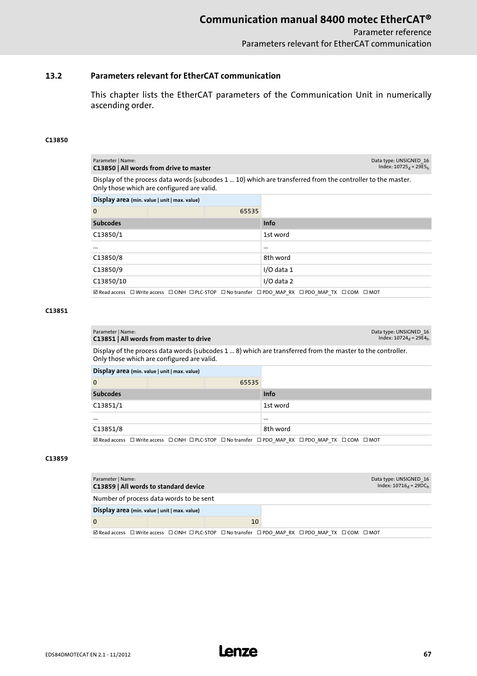 2 parameters relevant for ethercat communication, C13850 | all words from drive to master, C13851 | all words from master to drive | C13859 | all words to standard device, Parameters relevant for ethercat communication, C13850, C13851, C13859, Communication manual 8400 motec ethercat | Lenze E84DGFCT User Manual | Page 67 / 76
