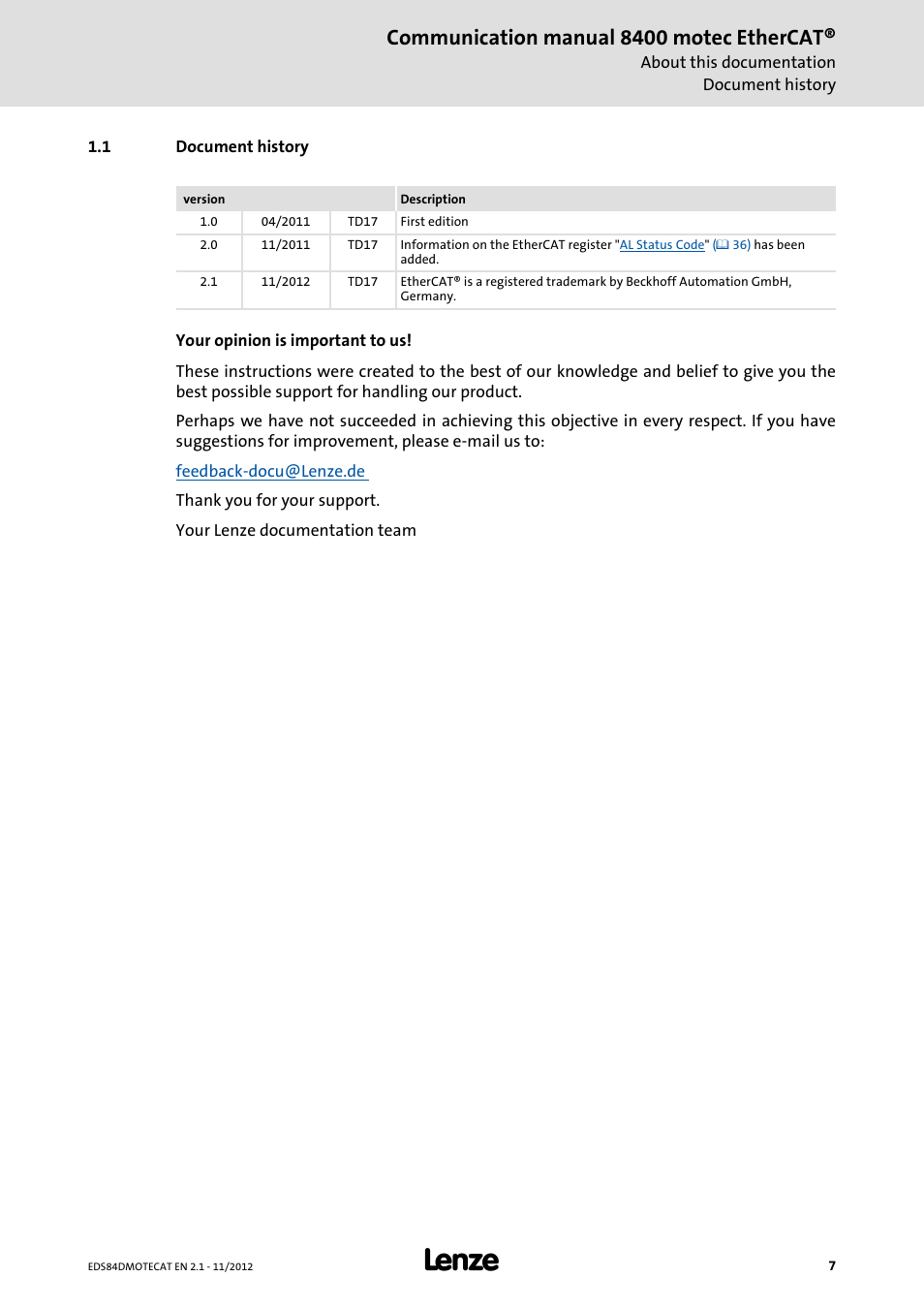 1 document history, Document history, Communication manual 8400 motec ethercat | Lenze E84DGFCT User Manual | Page 7 / 76