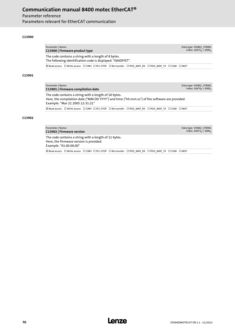 C13900 | firmware product type, C13901 | firmware compilation date, C13902 | firmware version | C13900, C13901, C13902, Communication manual 8400 motec ethercat | Lenze E84DGFCT User Manual | Page 70 / 76