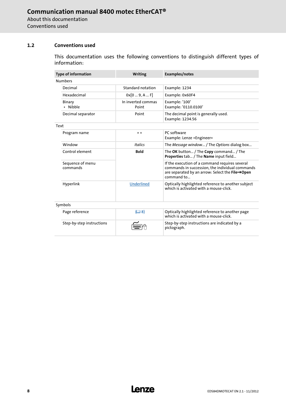 2 conventions used, Conventions used, Communication manual 8400 motec ethercat | Lenze E84DGFCT User Manual | Page 8 / 76