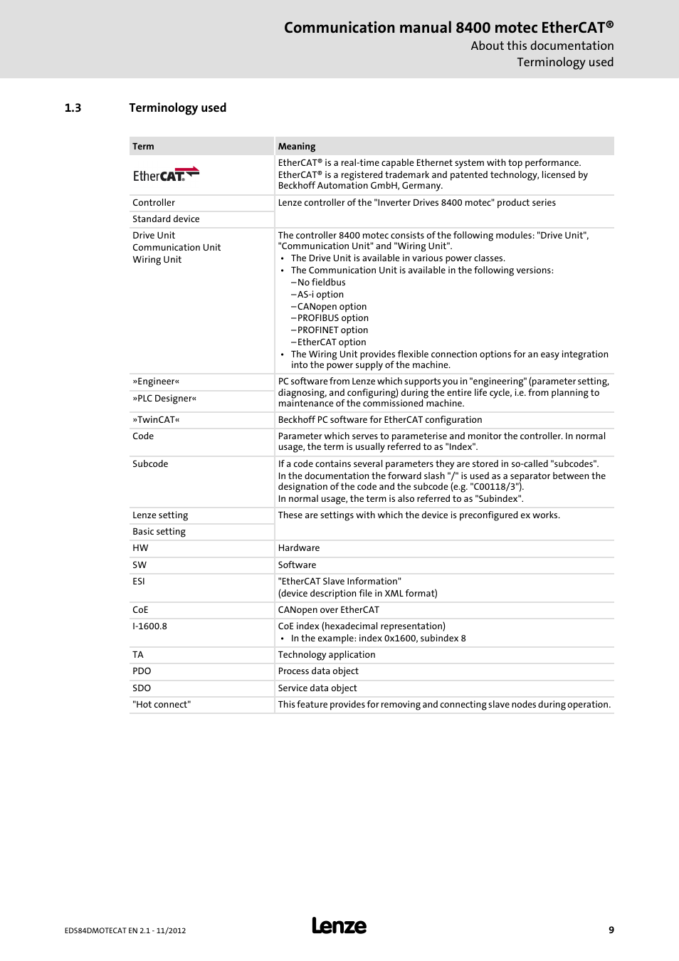 3 terminology used, Terminology used, Communication manual 8400 motec ethercat | Lenze E84DGFCT User Manual | Page 9 / 76