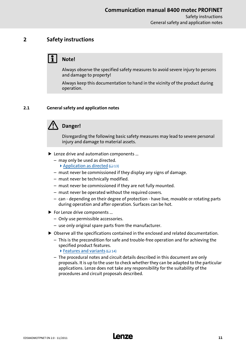 2 safety instructions, 1 general safety and application notes, Safety instructions | General safety and application notes | Lenze E84DGFCR User Manual | Page 11 / 90