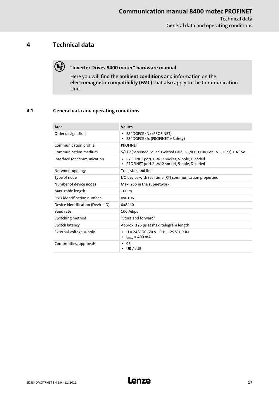 4 technical data, 1 general data and operating conditions, Technical data | General data and operating conditions, Communication manual 8400 motec profinet, 4technical data | Lenze E84DGFCR User Manual | Page 17 / 90