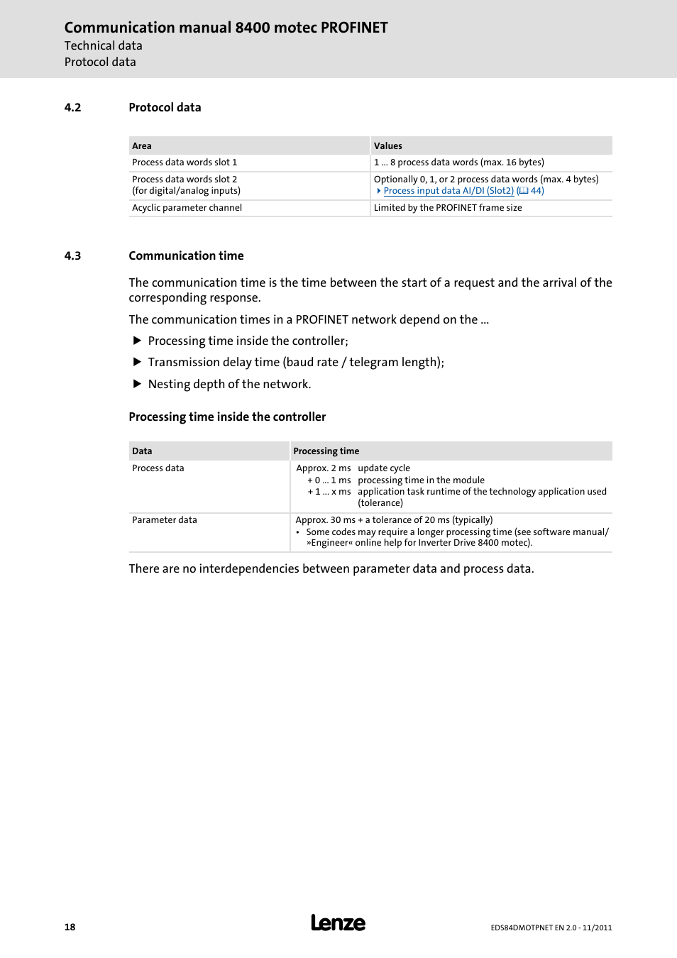 2 protocol data, 3 communication time, Protocol data | Communication time, Communication manual 8400 motec profinet | Lenze E84DGFCR User Manual | Page 18 / 90