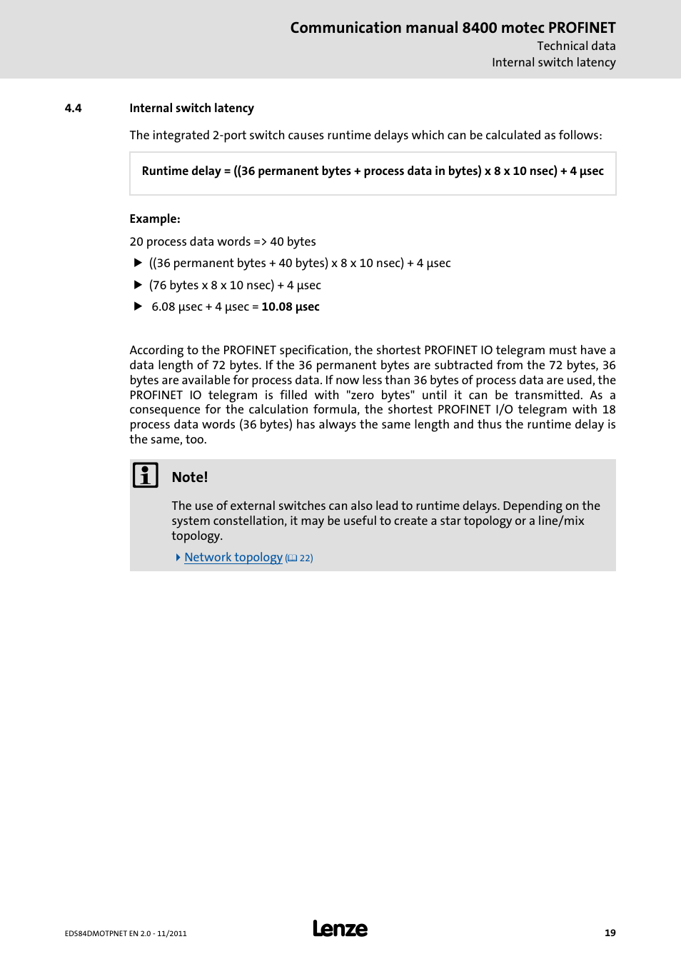 4 internal switch latency, Internal switch latency | Lenze E84DGFCR User Manual | Page 19 / 90