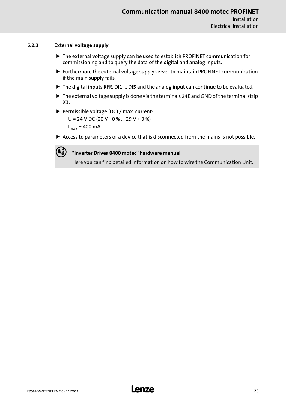 3 external voltage supply, External voltage supply | Lenze E84DGFCR User Manual | Page 25 / 90