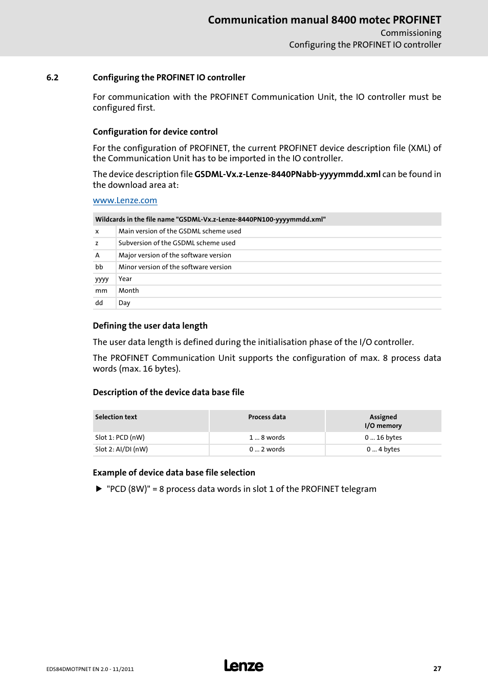 2 configuring the profinet io controller, Configuring the profinet io controller, Communication manual 8400 motec profinet | Lenze E84DGFCR User Manual | Page 27 / 90