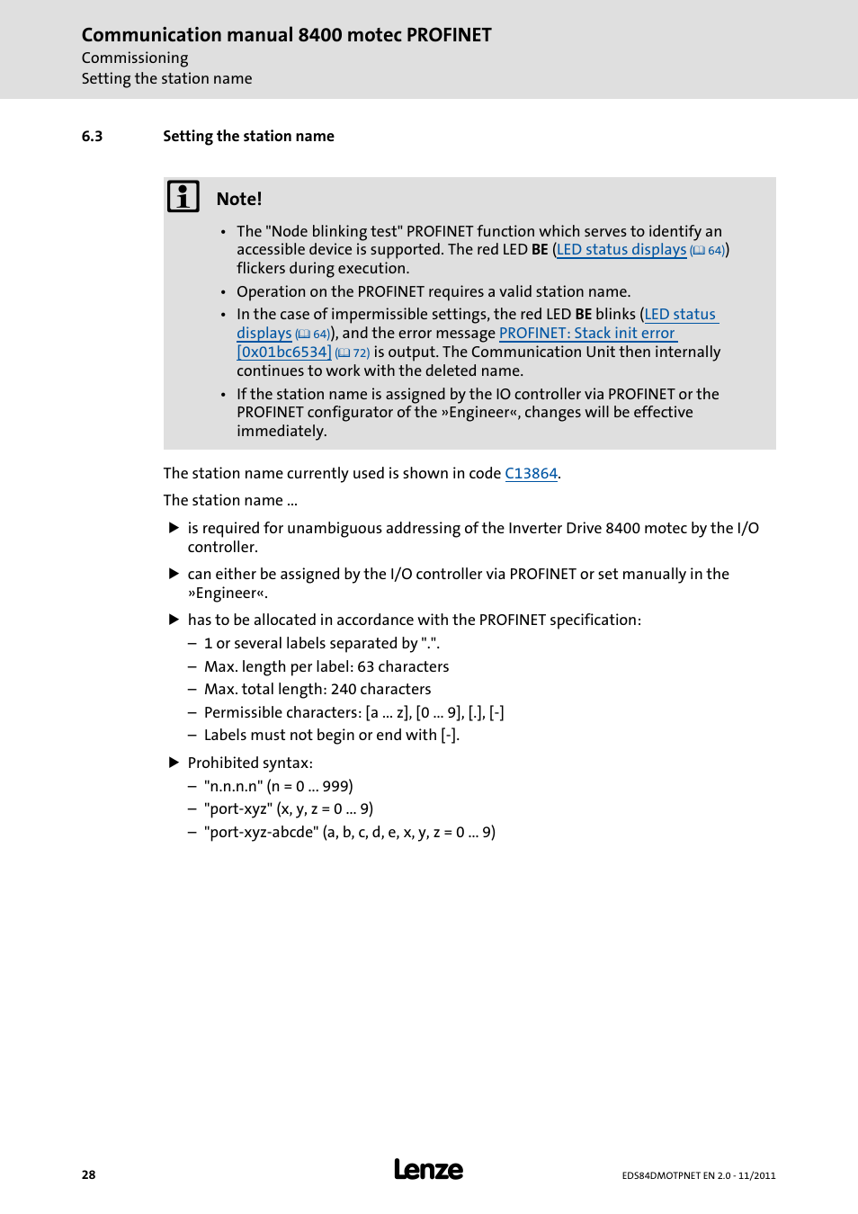 3 setting the station name, Setting the station name, Communication manual 8400 motec profinet | Lenze E84DGFCR User Manual | Page 28 / 90