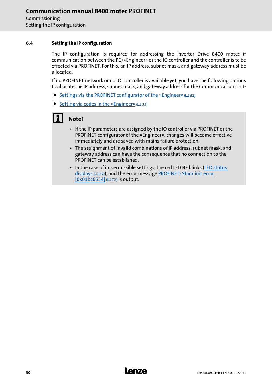 4 setting the ip configuration, Setting the ip configuration, Communication manual 8400 motec profinet | Lenze E84DGFCR User Manual | Page 30 / 90