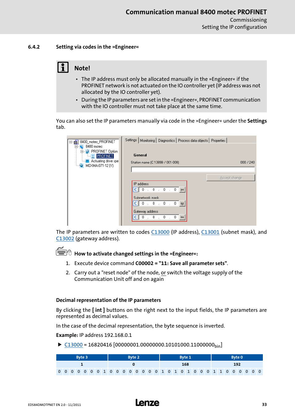 2 setting via codes in the »engineer, Setting via codes in the »engineer, Communication manual 8400 motec profinet | Lenze E84DGFCR User Manual | Page 33 / 90