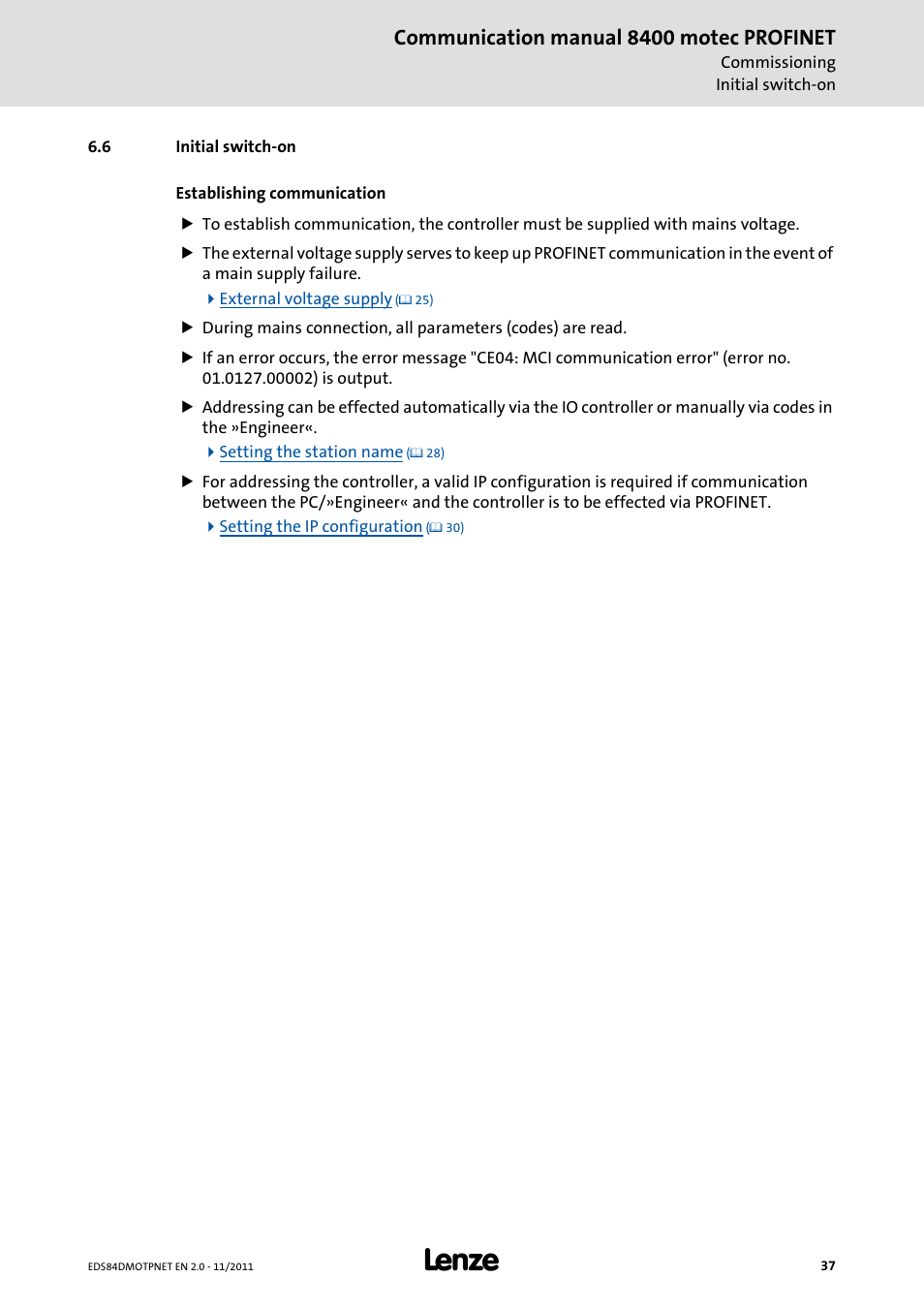 6 initial switch-on, Initial switch-on, Communication manual 8400 motec profinet | Lenze E84DGFCR User Manual | Page 37 / 90