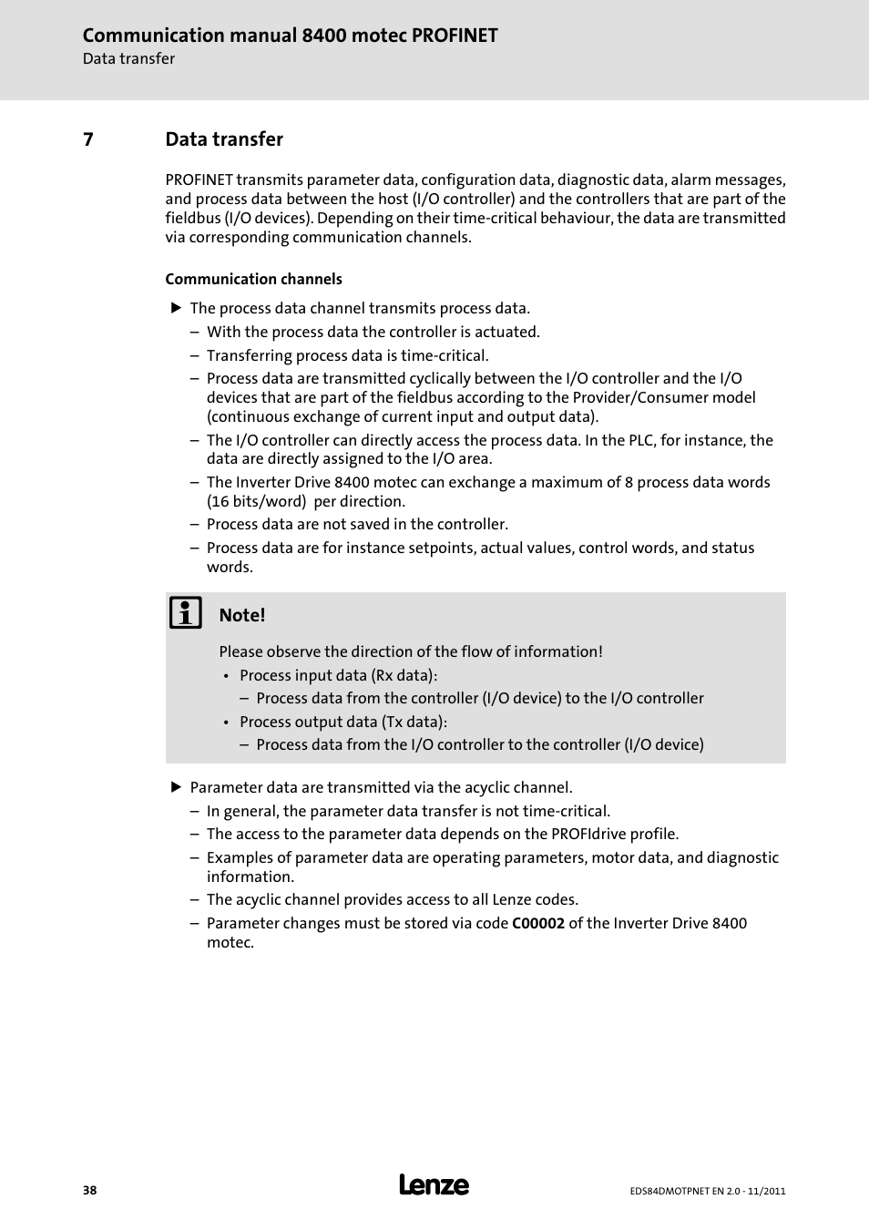 7 data transfer, Data transfer | Lenze E84DGFCR User Manual | Page 38 / 90