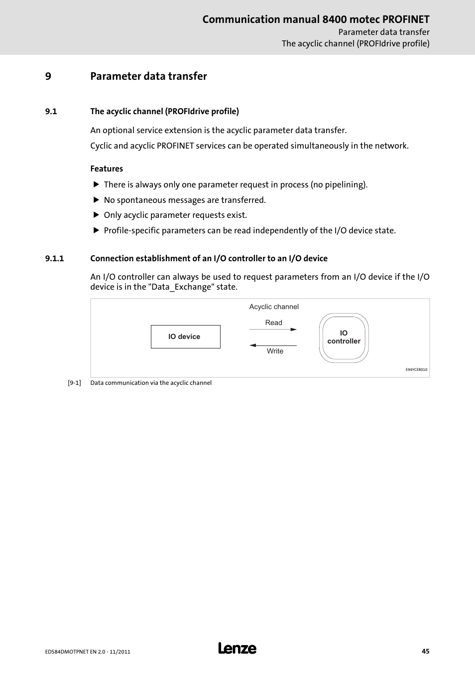 9 parameter data transfer, 1 the acyclic channel (profidrive profile), Parameter data transfer | The acyclic channel (profidrive profile), Communication manual 8400 motec profinet, 9parameter data transfer | Lenze E84DGFCR User Manual | Page 45 / 90