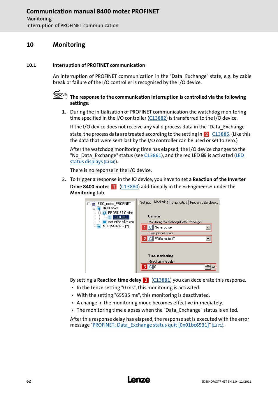 10 monitoring, 1 interruption of profinet communication, Monitoring | Interruption of profinet communication, Communication manual 8400 motec profinet | Lenze E84DGFCR User Manual | Page 62 / 90