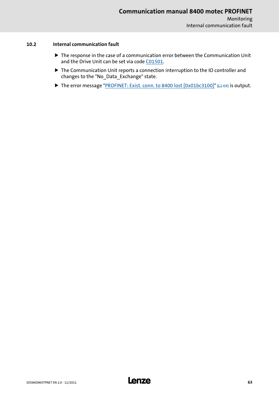 2 internal communication fault, Internal communication fault, Communication manual 8400 motec profinet | Lenze E84DGFCR User Manual | Page 63 / 90