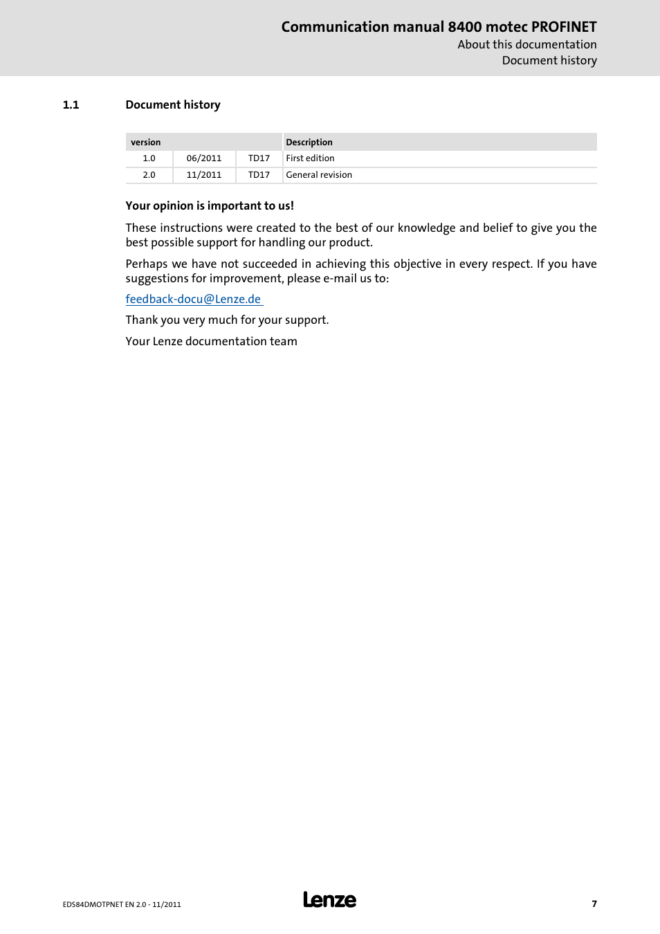 1 document history, Document history, Communication manual 8400 motec profinet | Lenze E84DGFCR User Manual | Page 7 / 90