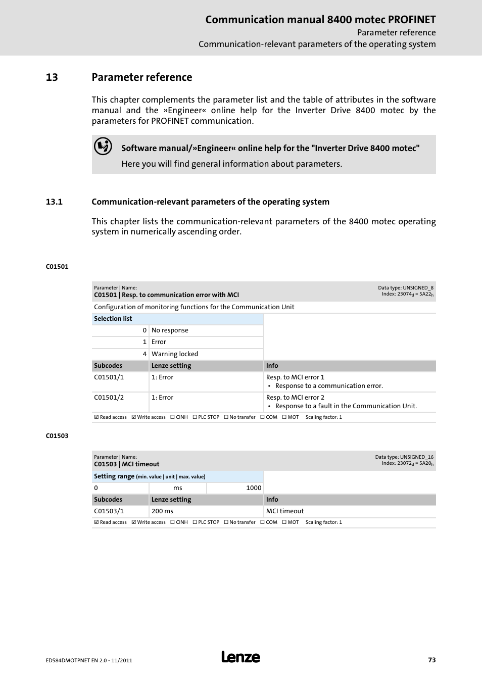 13 parameter reference, C01501 | resp. to communication error with mci, C01503 | mci timeout | Parameter reference, Be set via code, C01501, C01501/2, Communication manual 8400 motec profinet | Lenze E84DGFCR User Manual | Page 73 / 90