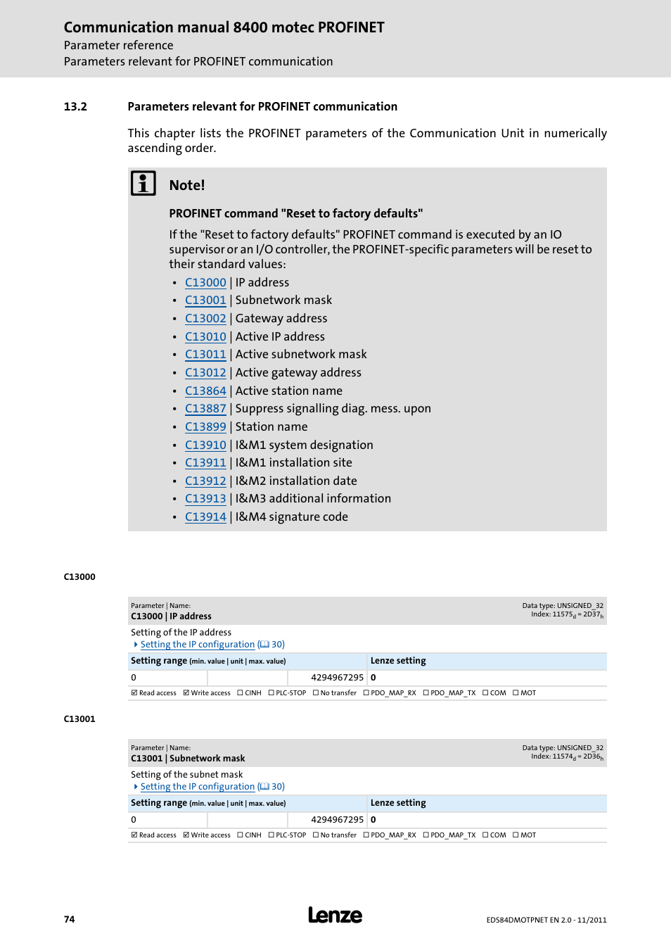 2 parameters relevant for profinet communication, C13000 | ip address, C13001 | subnetwork mask | Parameters relevant for profinet communication, C13000, Ip address), C13001, Codes, Address), Communication manual 8400 motec profinet | Lenze E84DGFCR User Manual | Page 74 / 90