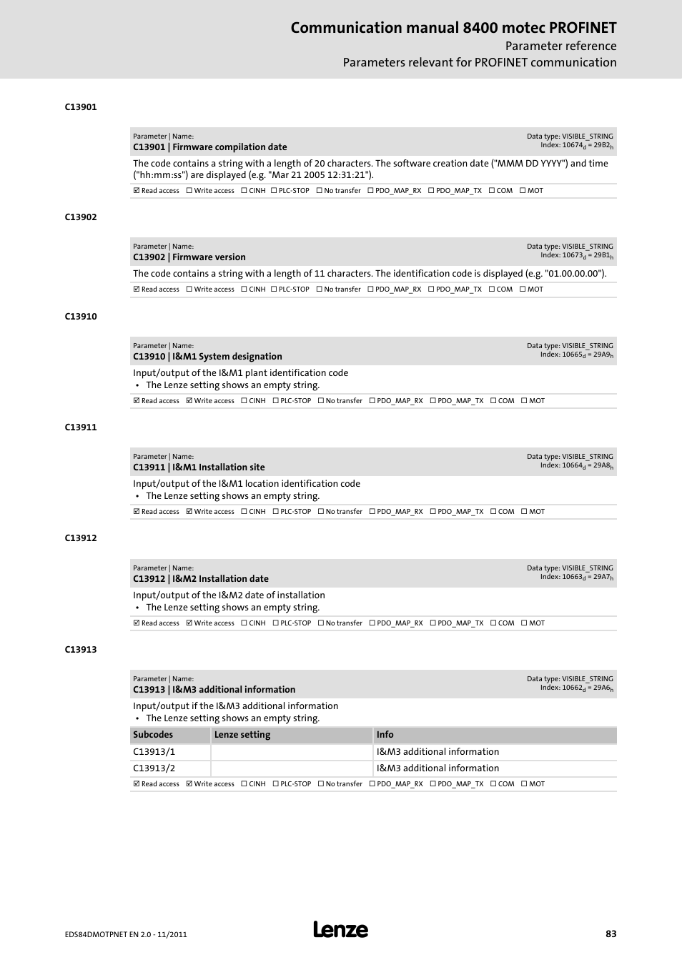 C13901 | firmware compilation date, C13902 | firmware version, C13910 | i&m1 system designation | C13911 | i&m1 installation site, C13912 | i&m2 installation date, C13913 | i&m3 additional information, C13910, C13911, C13912, C13913 | Lenze E84DGFCR User Manual | Page 83 / 90