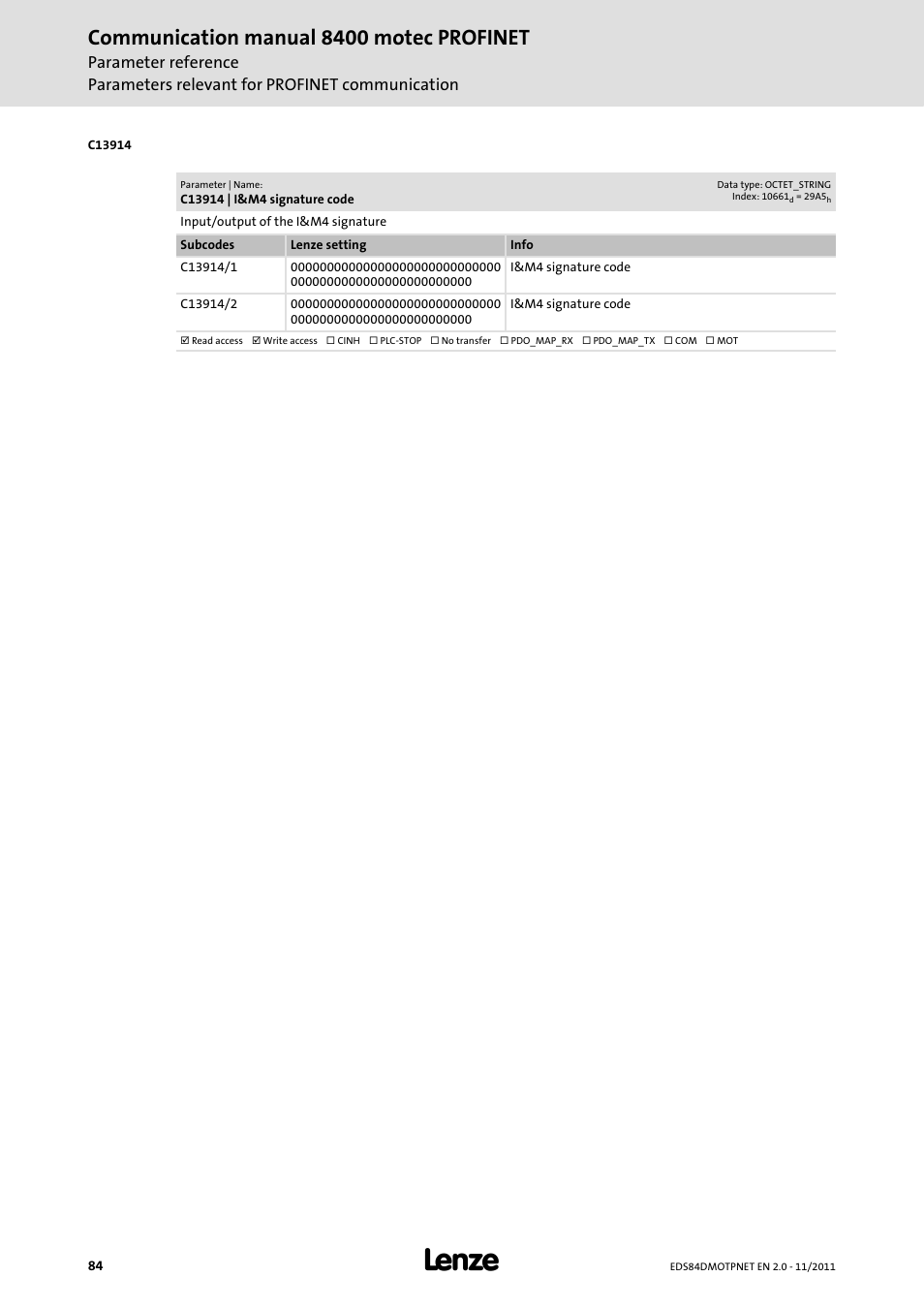 C13914 | i&m4 signature code, C13914, Communication manual 8400 motec profinet | Lenze E84DGFCR User Manual | Page 84 / 90