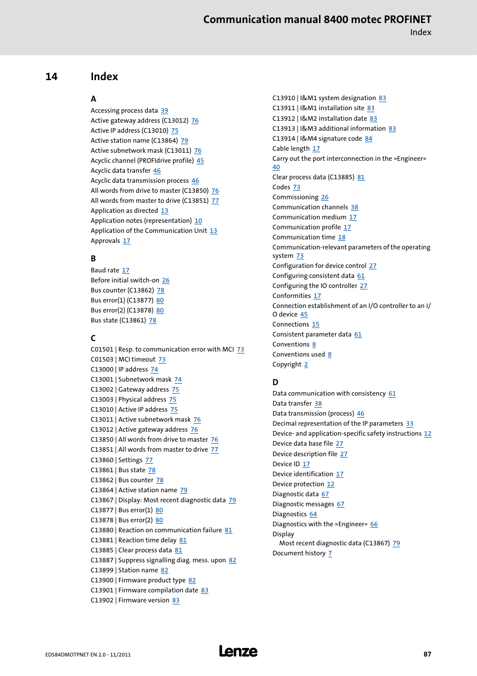 14 index, Index, Communication manual 8400 motec profinet | Lenze E84DGFCR User Manual | Page 87 / 90