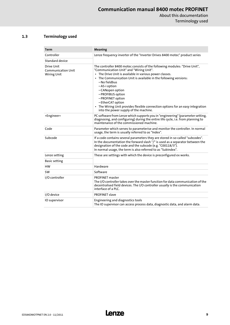 3 terminology used, Terminology used, Communication manual 8400 motec profinet | Lenze E84DGFCR User Manual | Page 9 / 90