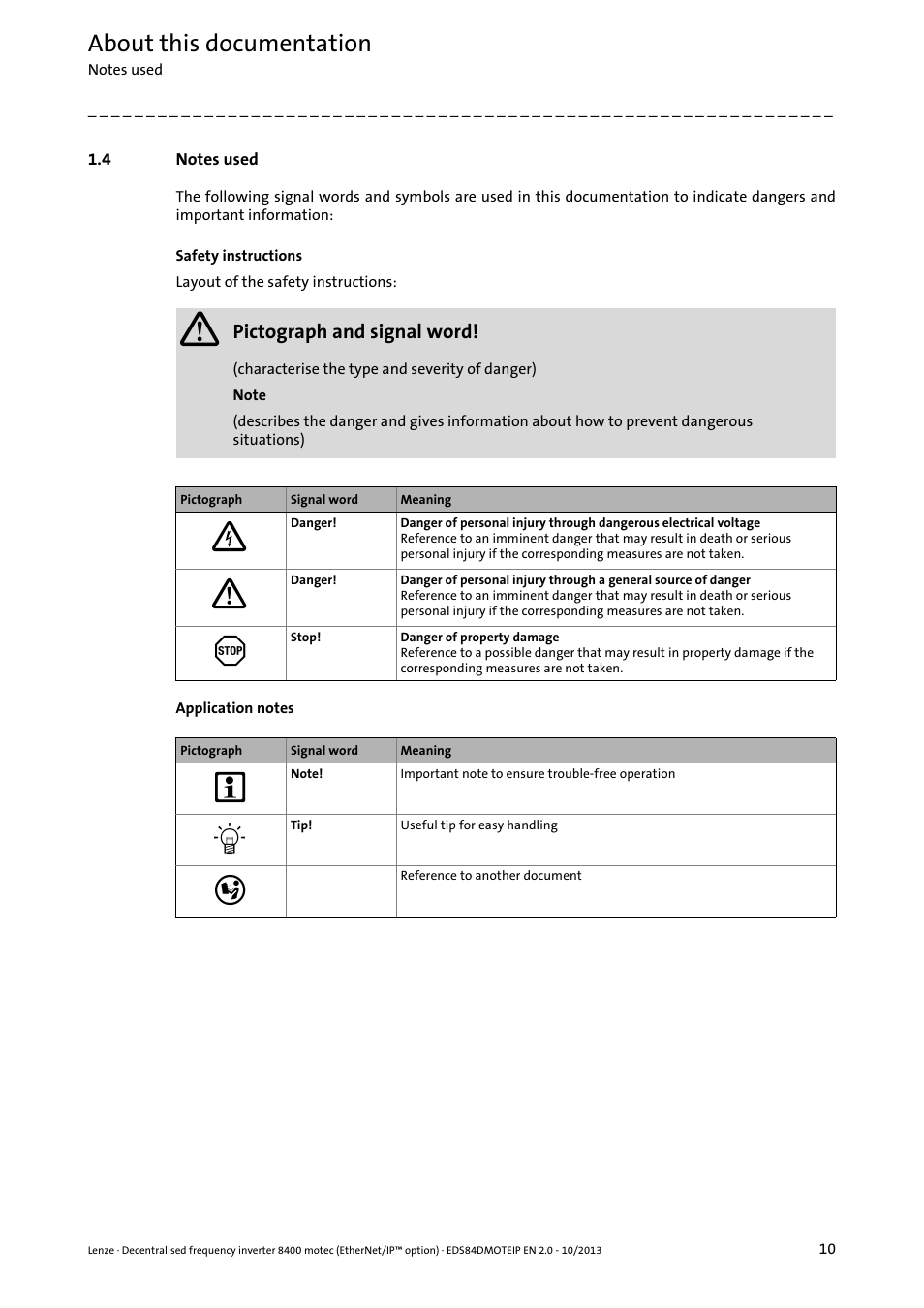 4 notes used, Notes used, About this documentation | Lenze E84DGFCG User Manual | Page 10 / 149
