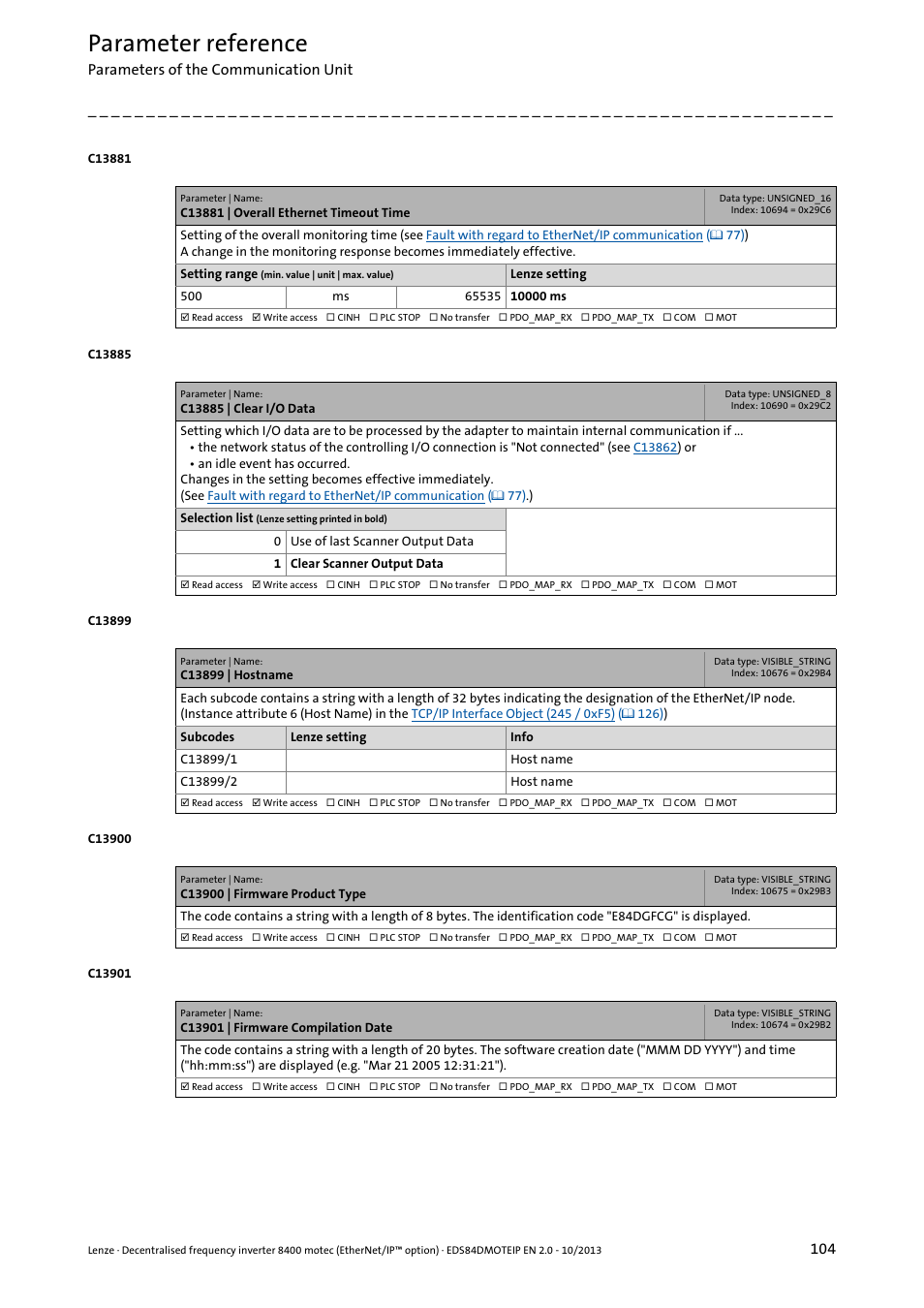 C13881 | overall ethernet timeout time, C13885 | clear i/o data, C13899 | hostname | C13900 | firmware product type, C13901 | firmware compilation date, C13885, C13881, There is no longer any access, E timeout time, Parameter reference | Lenze E84DGFCG User Manual | Page 104 / 149