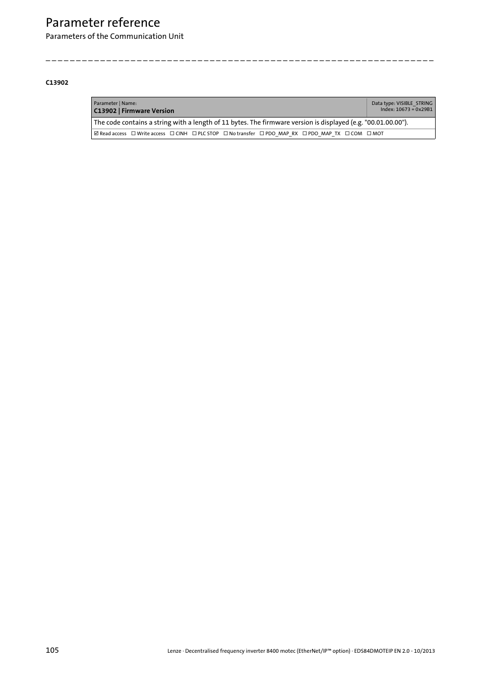 C13902 | firmware version, Parameter reference | Lenze E84DGFCG User Manual | Page 105 / 149