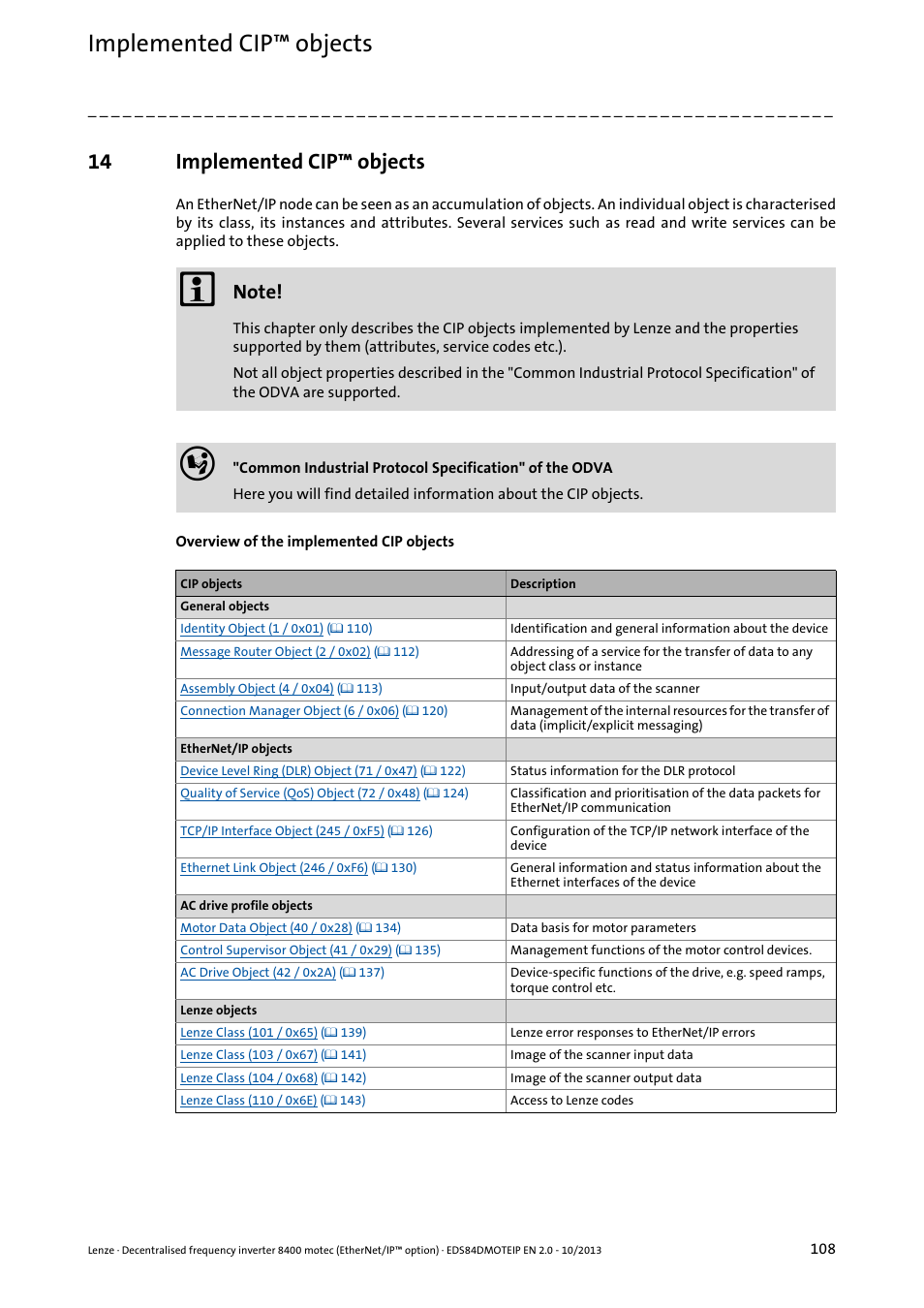 14 implemented cip™ objects, Implemented cip™ objects, Implemented cip™ objects ( 108) | Lenze E84DGFCG User Manual | Page 108 / 149